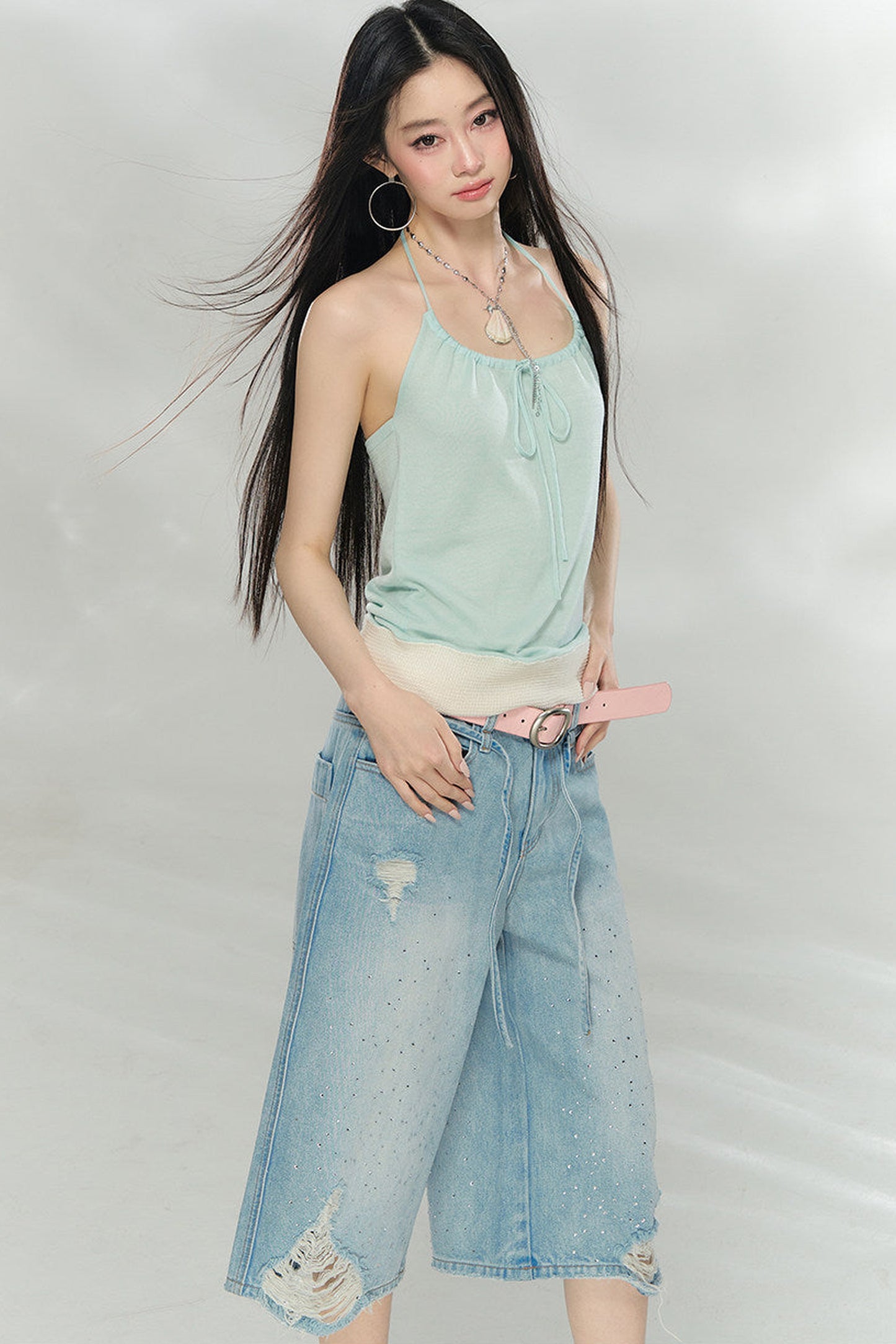 Rhinestone Distressed Denim Pants