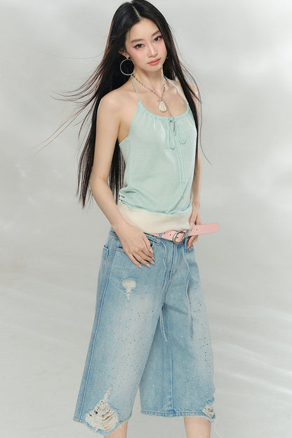 Rhinestone Distressed Denim Pants