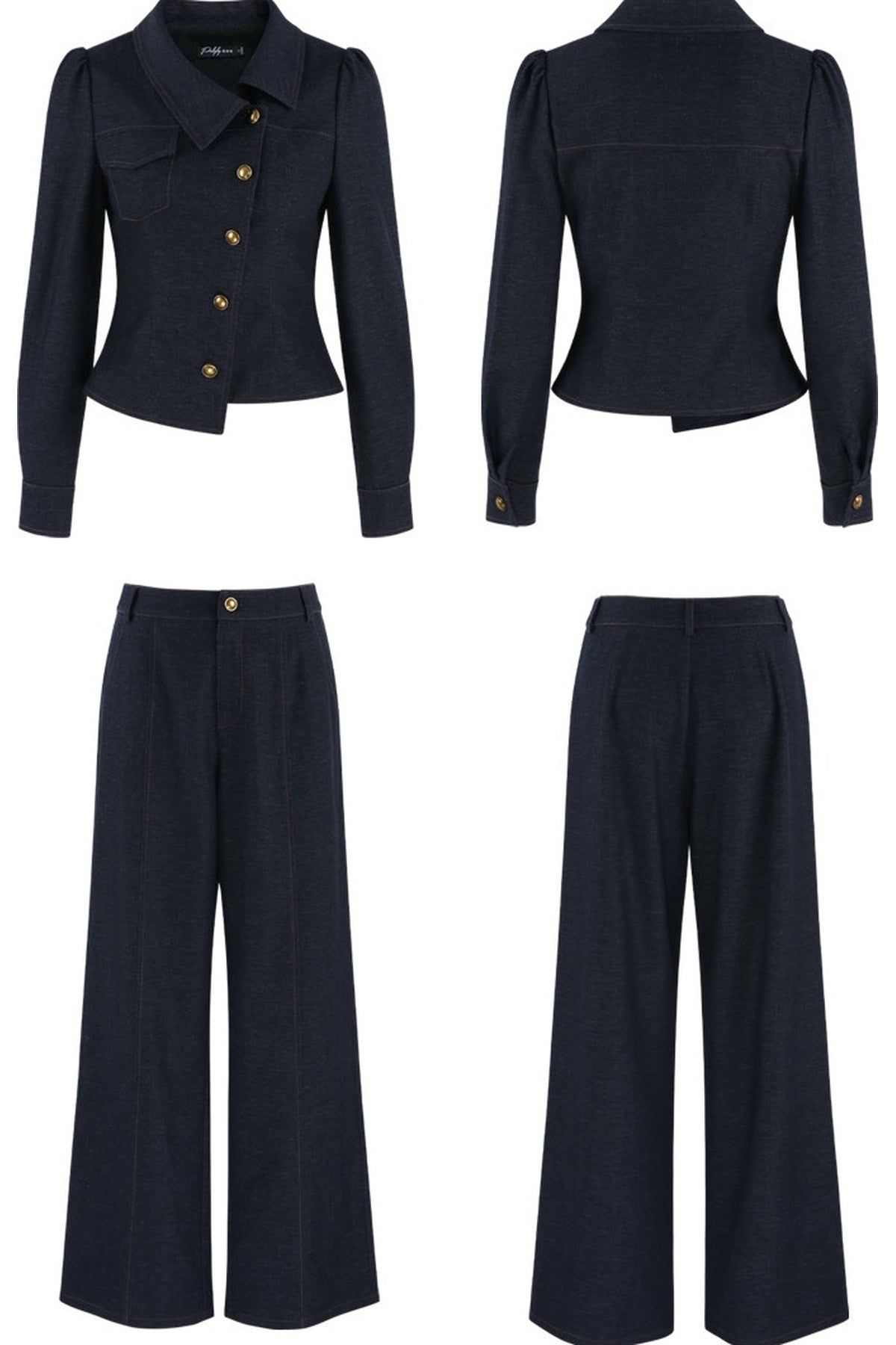 Asymmetrical Lapel Blue Top and Pants Set-Up