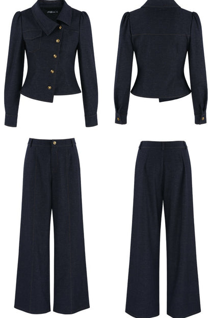Asymmetrical Lapel Blue Top and Pants Set-Up