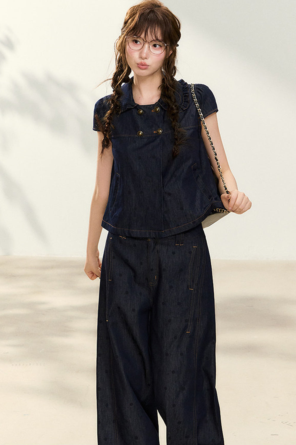 Denim Short-Sleeved Shirt and Wide-Leg Pants Set