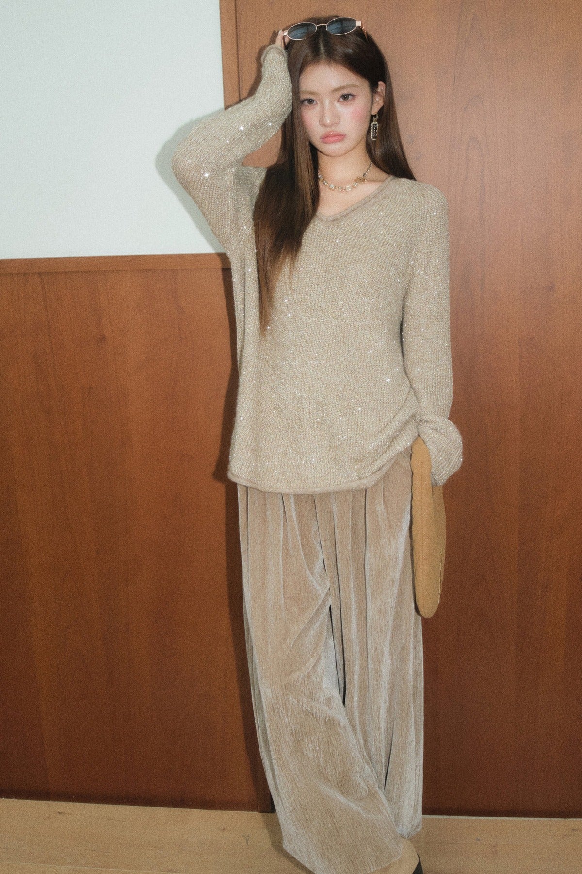 Shimmering Oat Camel Knit Top and Shorts Set-Up