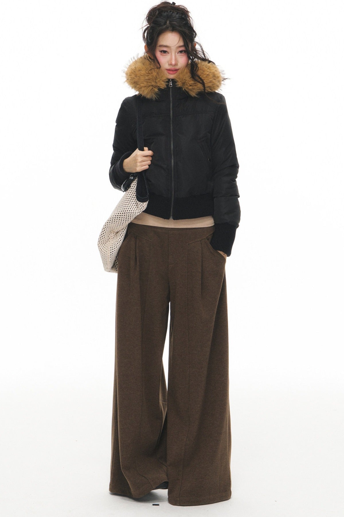 Lightweight Hooded Fur Collar Down Jacket and Pants Set-Up