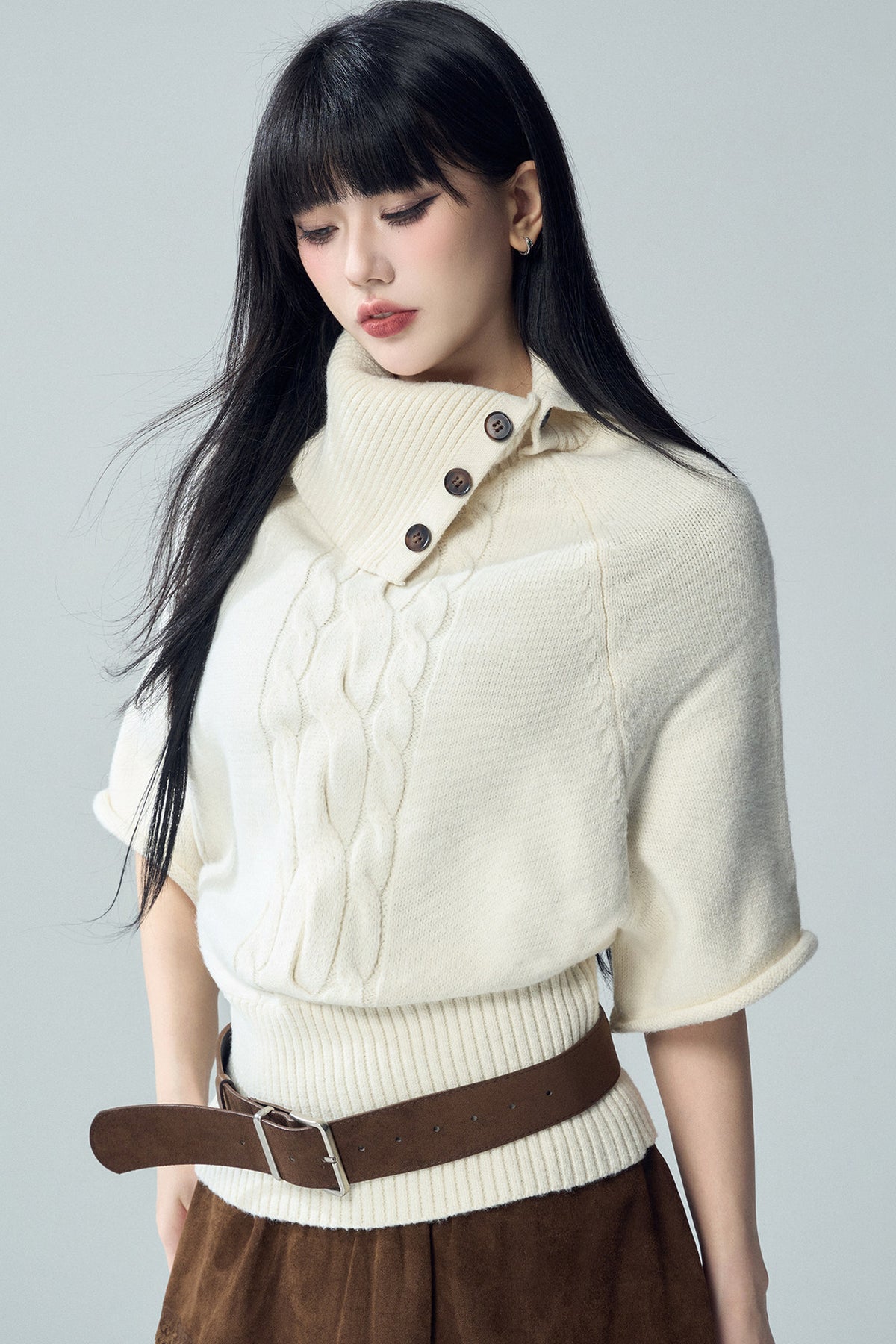 High Neck Short Sleeve Knit Sweater