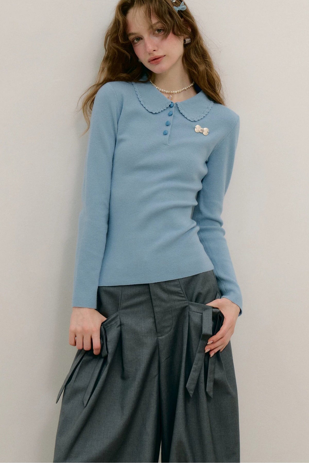 Milk Blue Polo Collar Knit Top