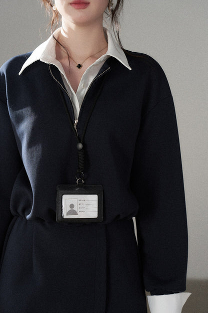 Layered-Look Polo Collar Sweatshirt Dress