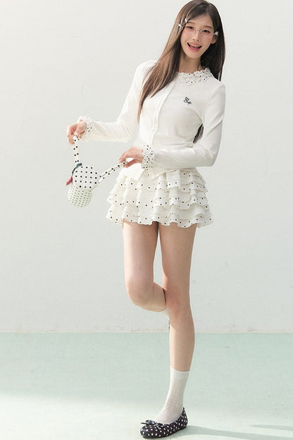 Polka Dot Lace Long-Sleeve Knit Cardigan Set-Up
