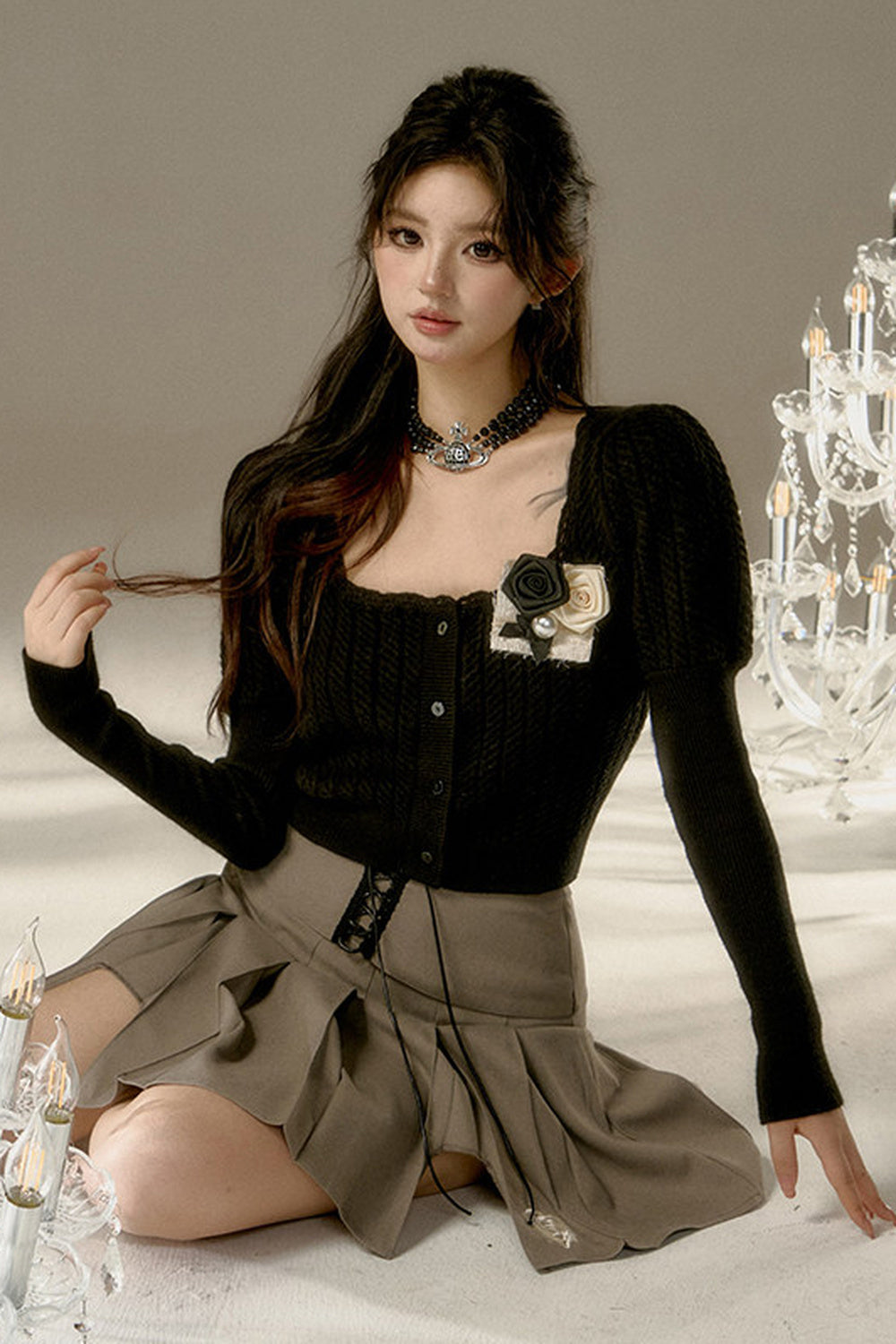 Rose Heart Embroidery Lace-Up Pleated A-Line Skirt