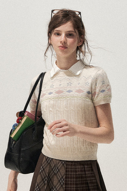 Retro Fair Isle Argyle Short-Sleeve Knit Sweater and Skirt Set-Up