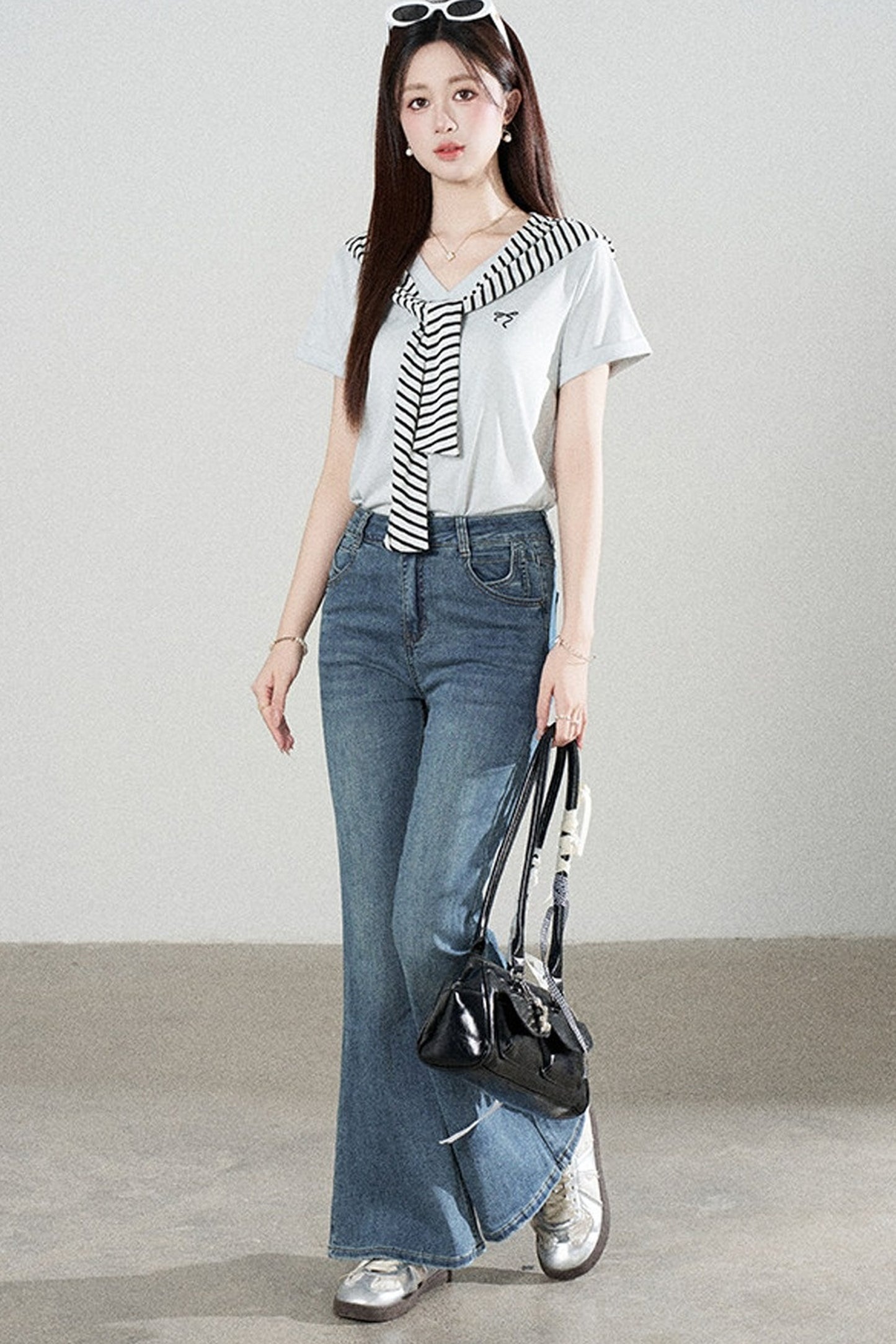 Loose Short-Sleeved Striped Shawl T-Shirt and Denim Skirt Set-Up