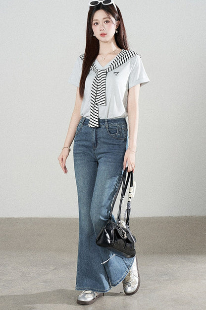 Loose Short-Sleeved Striped Shawl T-Shirt and Denim Skirt Set-Up
