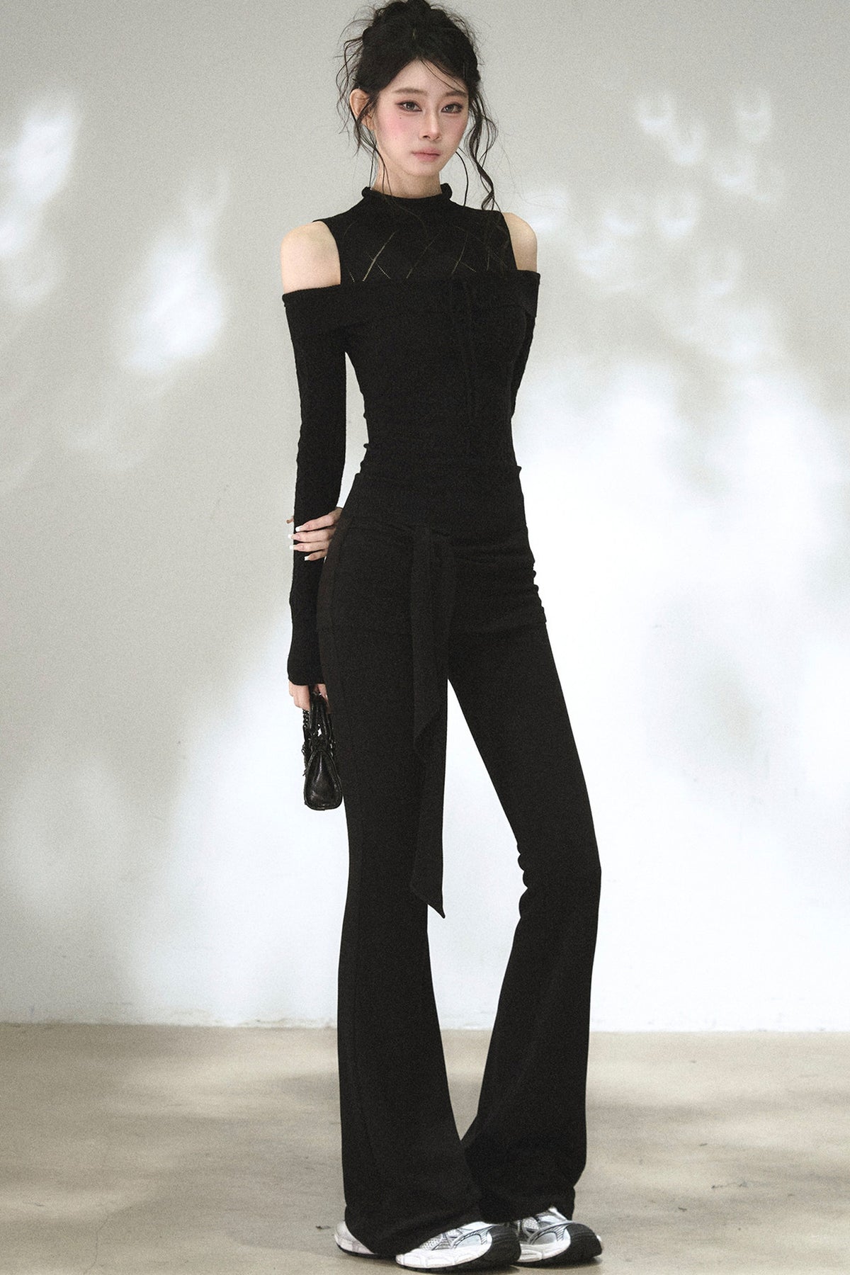 Fold-Over Waist Lace Tie-Up Flared Pants