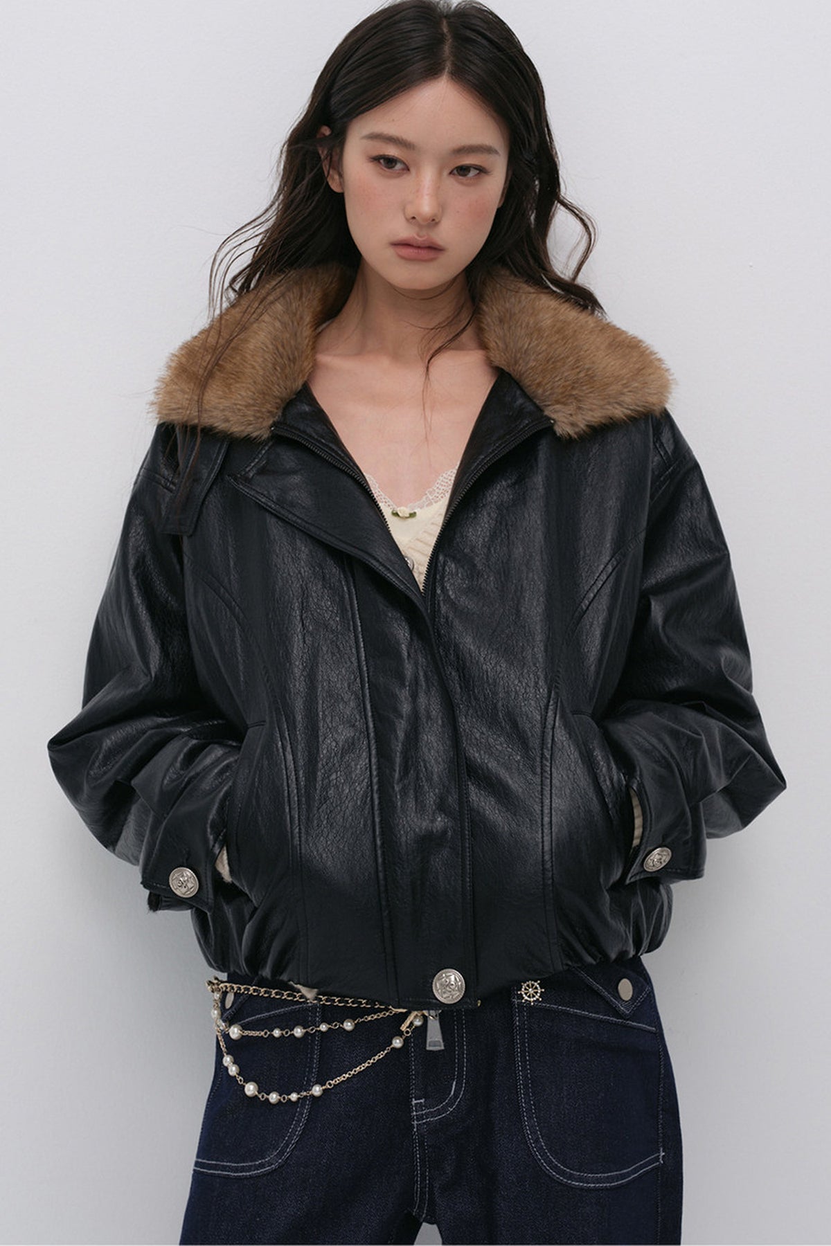 Textured Leopard Fur Collar PU Jacket
