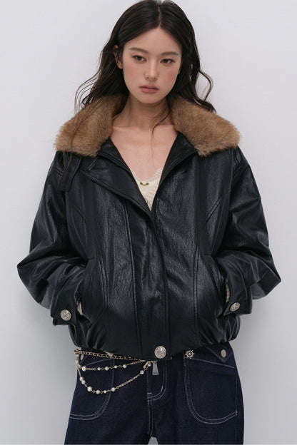 Textured Leopard Fur Collar PU Jacket