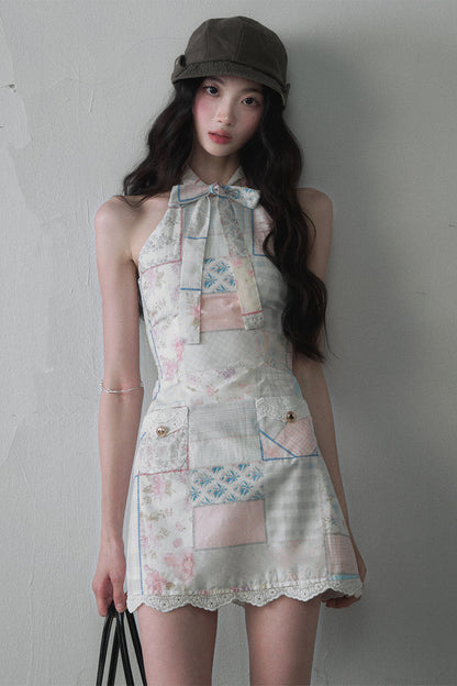 Patchwork Halter Bow Tie Sleeveless Lace Dress