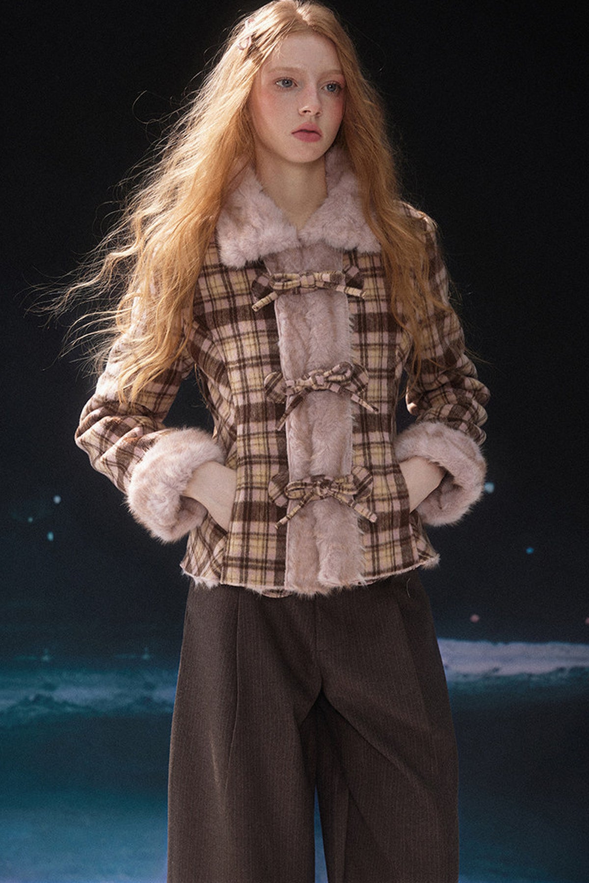 Bowknot Faux Fur Padded Coat