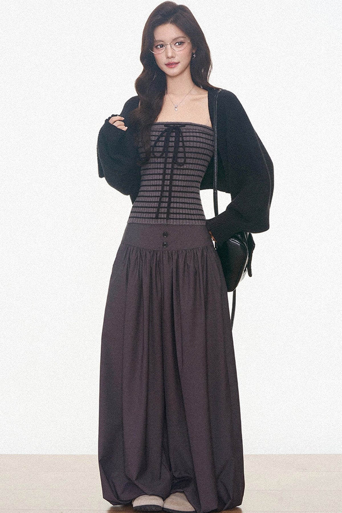 Knitted Cardigan and Tube Top and Lantern Pants Set-Up