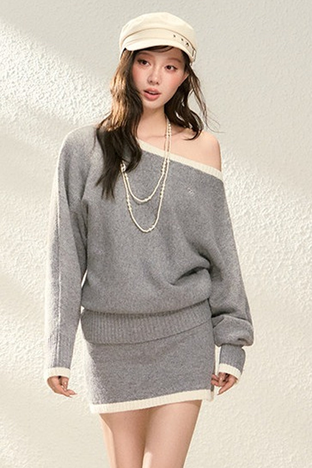 Off-Shoulder Knit Sweater and Skirt Set-Up