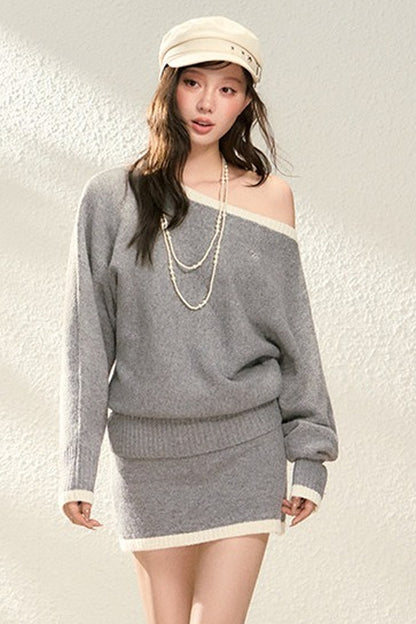 Off-Shoulder Knit Sweater and Skirt Set-Up