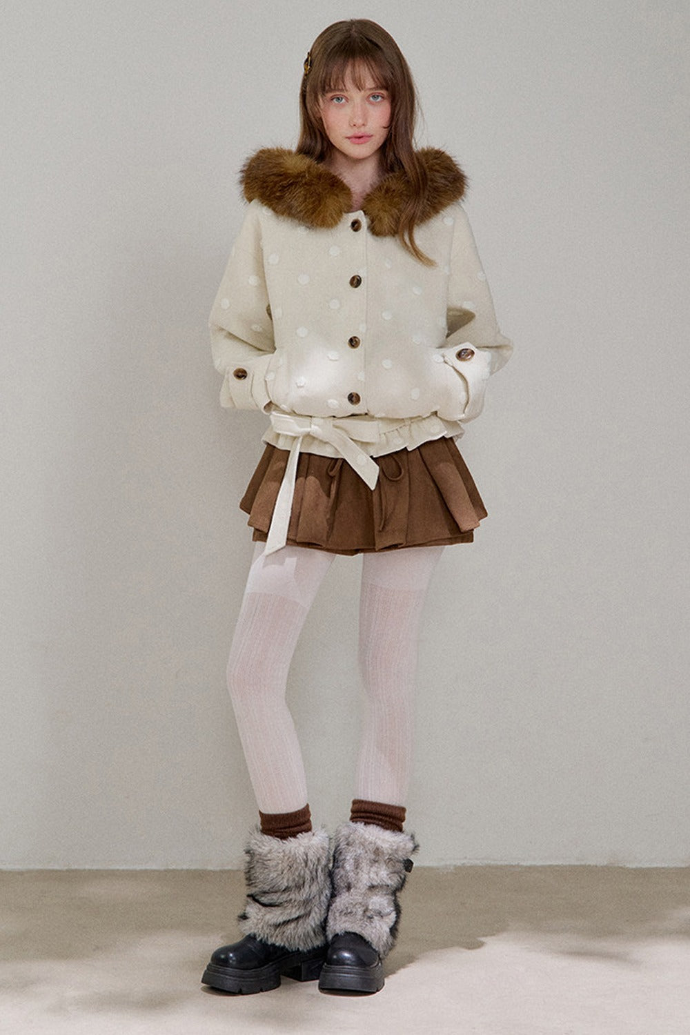 Petite Polka Dot Hooded Fur Coat