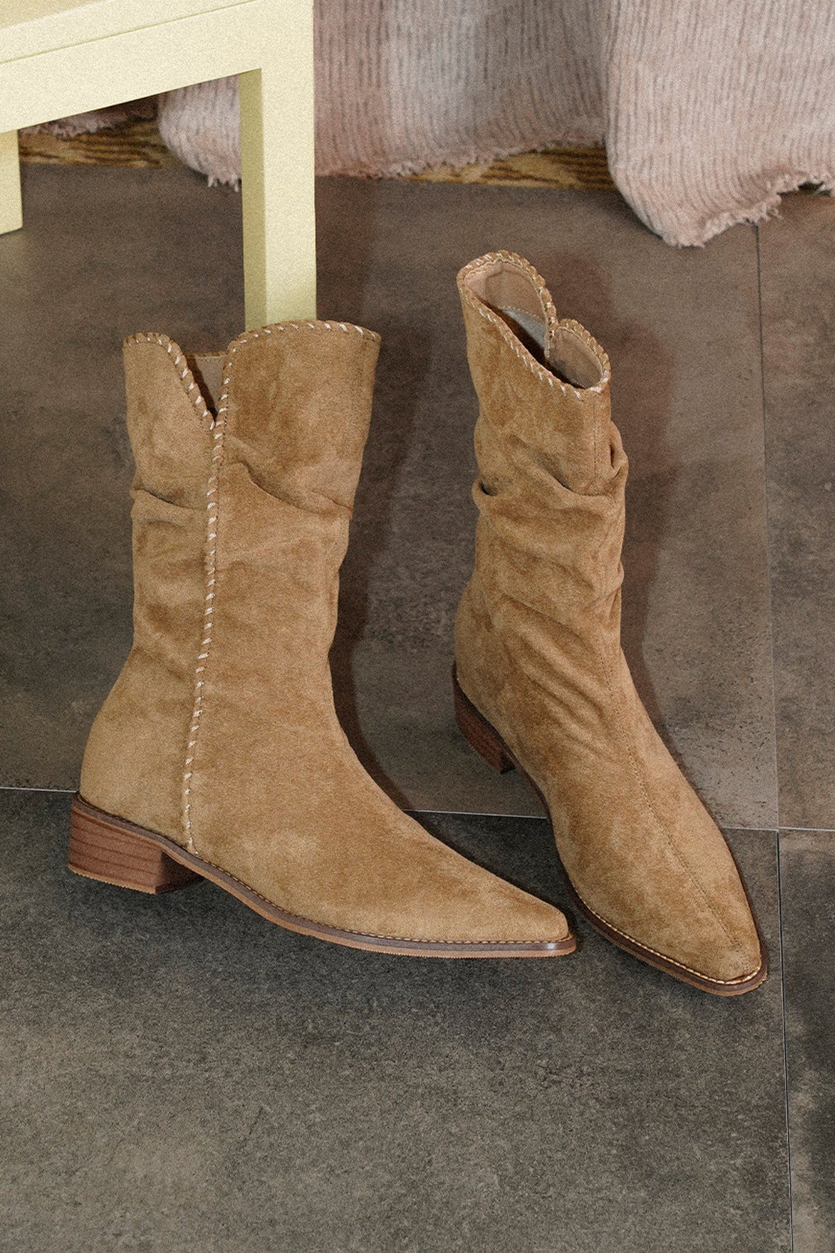 Woven Pointed Toe Chunky Heel Short Boots