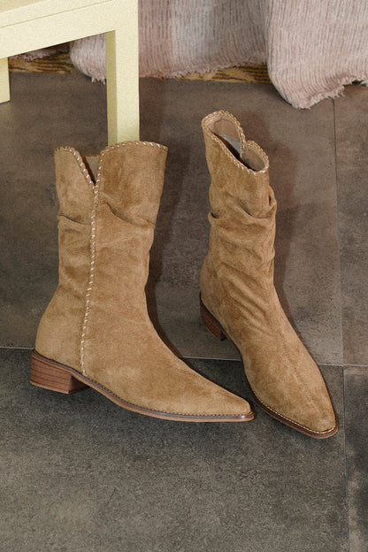 Woven Pointed Toe Chunky Heel Short Boots