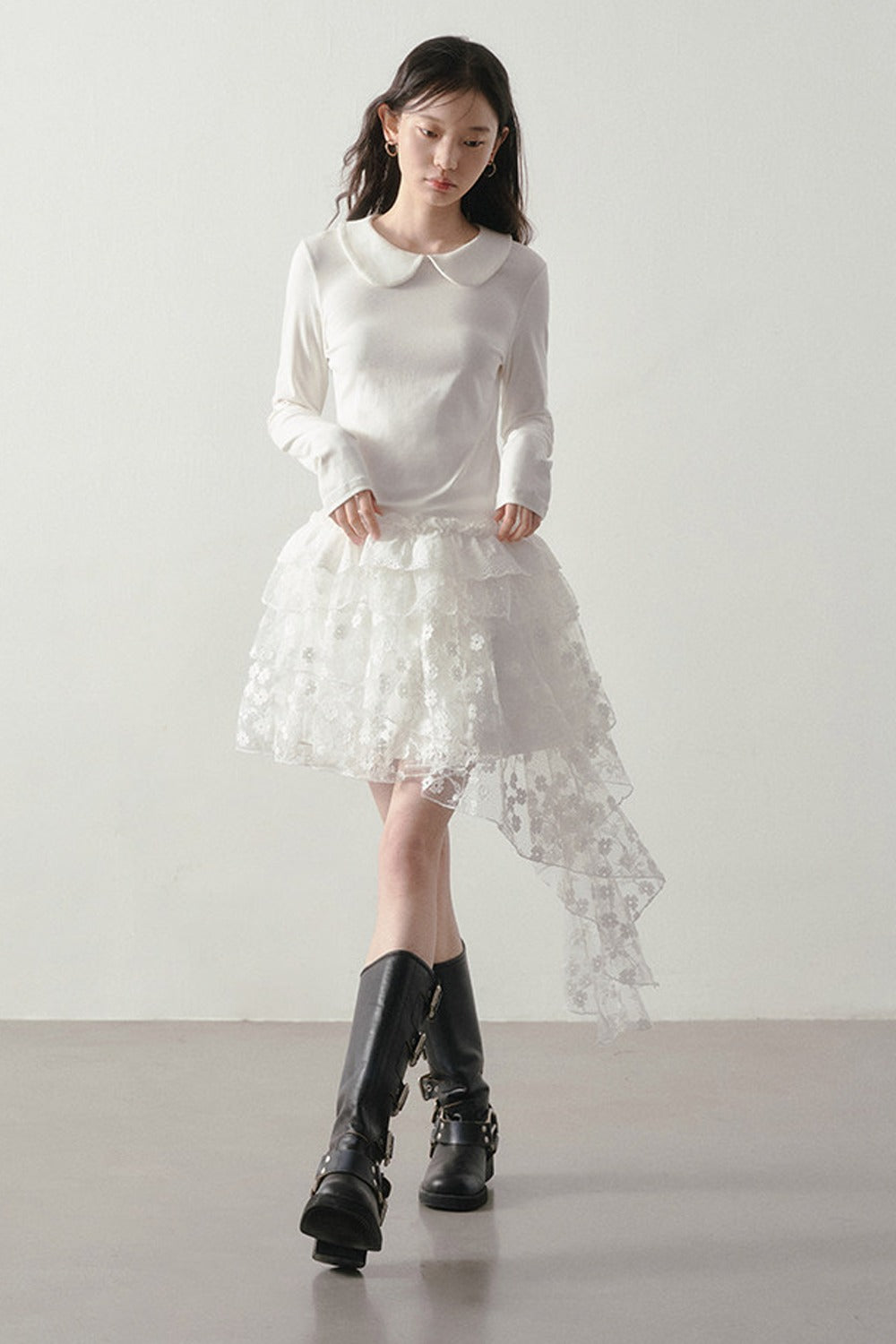 White Floral Lace Mesh High-Waisted Skirt