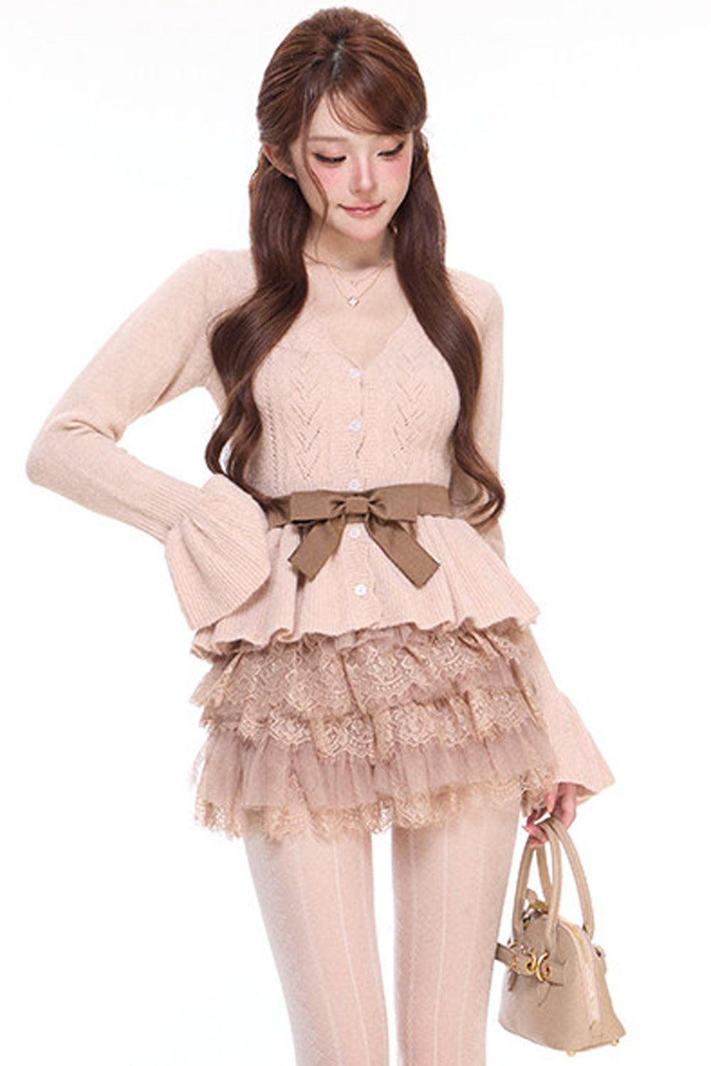 Bell-Sleeve Cardigan and Bow Belt Puffy Skirt Set-Up