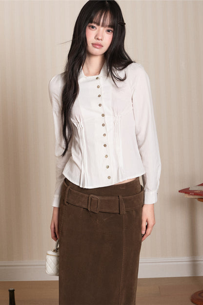 Pleated Shell Button Lapel Shirt