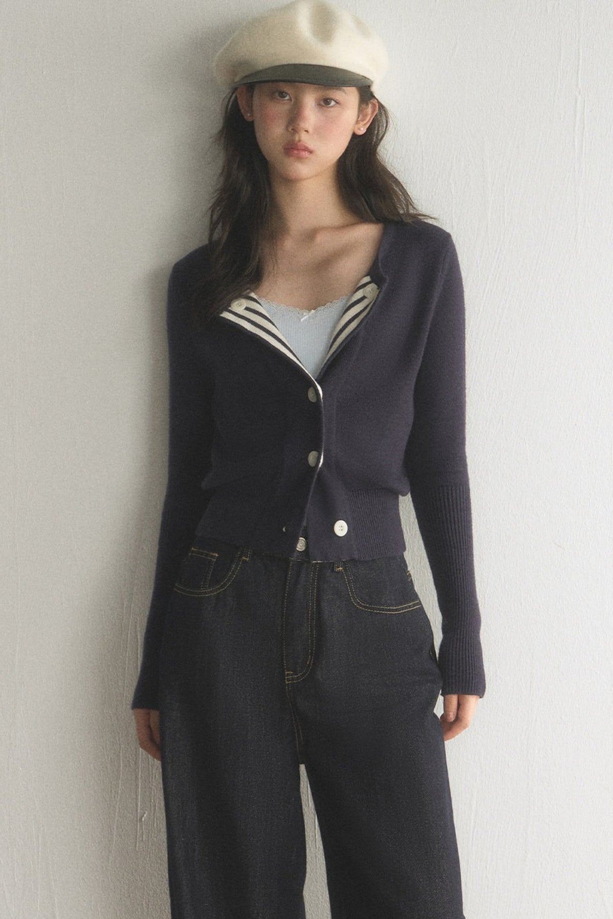 Striped Lapel Cardigan and Wide-Leg Jeans Set-Up