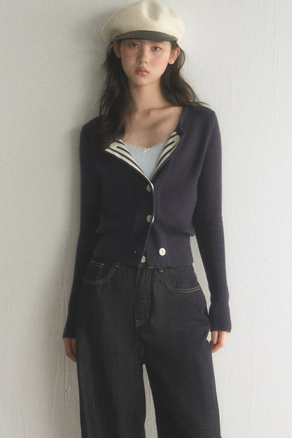 Striped Lapel Cardigan and Wide-Leg Jeans Set-Up