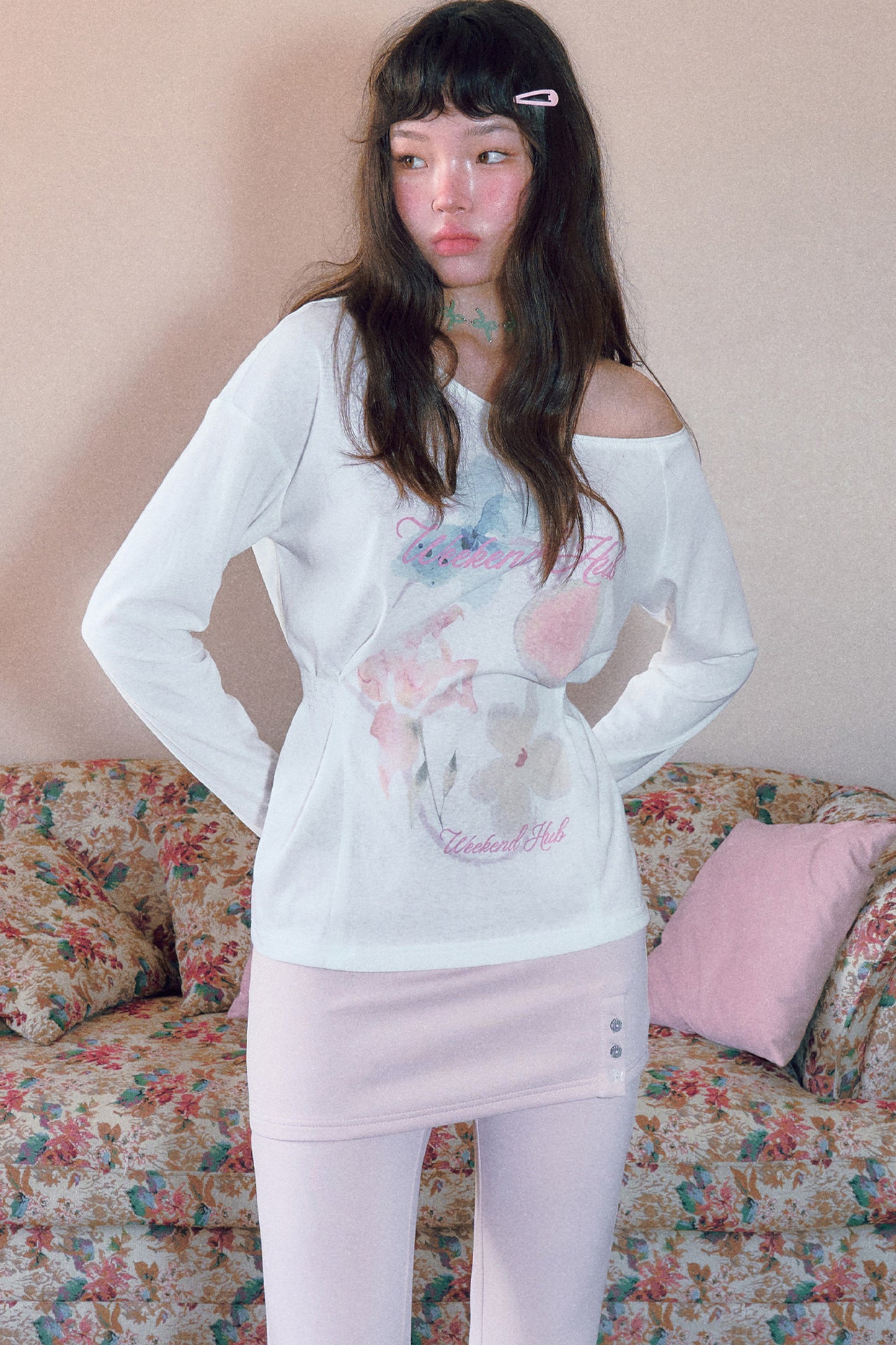Floral Print Off-Shoulder Long-Sleeved Top and Skirt Set-Up