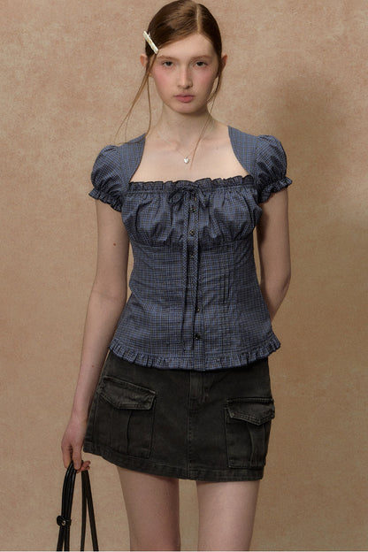 Plaid Puff Sleeve Ruched Top