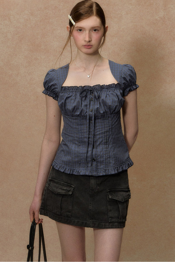 Plaid Puff Sleeve Ruched Top