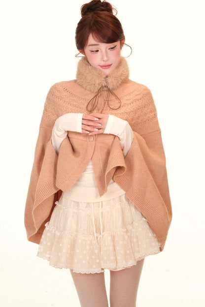 Camel Twisted Wool Knit Cape and Furry Scarf Set
