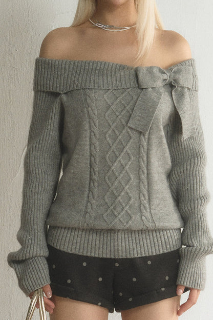Off-Shoulder Bowknot Cable Knit Top and Pants Set-Up
