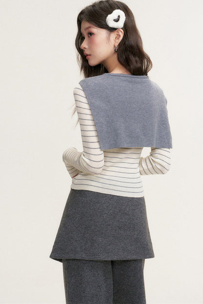 Striped Shawl Collar Long Sleeve Knit Sweater