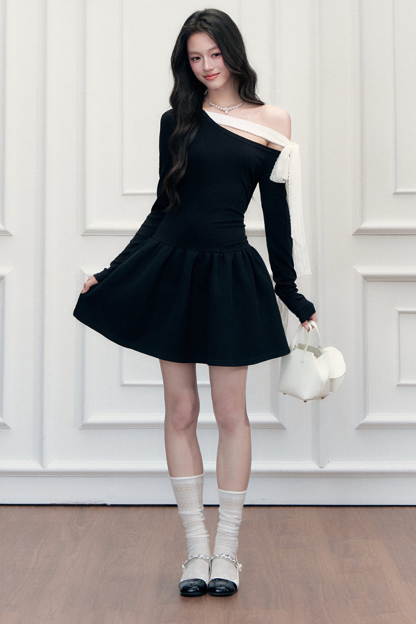 Asymmetrical One-Shoulder Tie Strap Black Dress