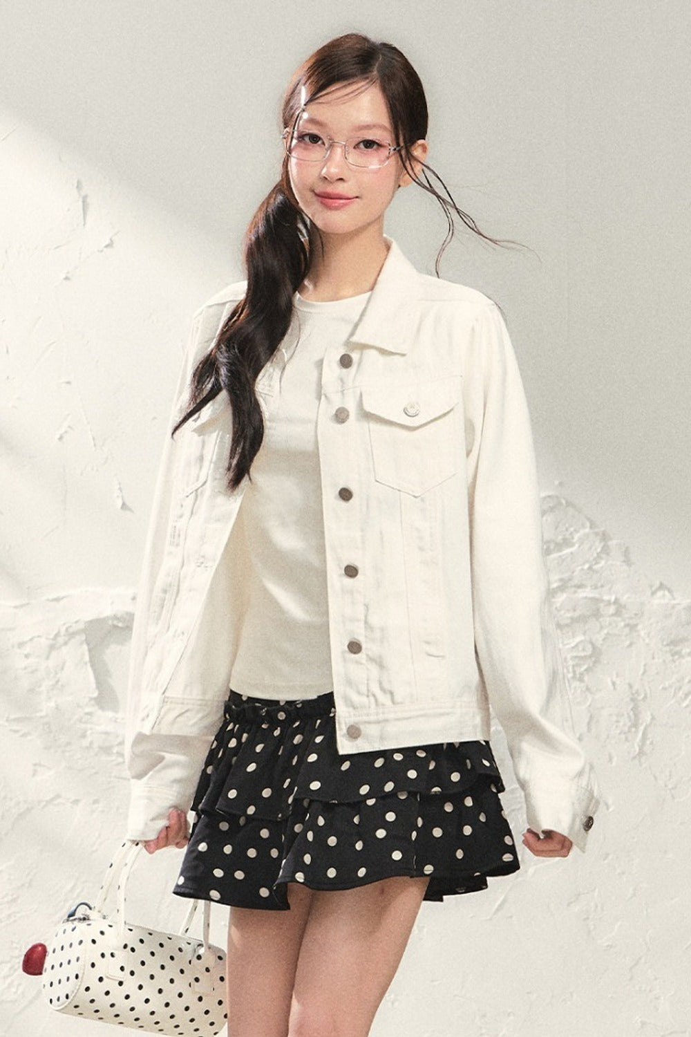 White Denim Jacket and Black Polka Skirt Set-Up