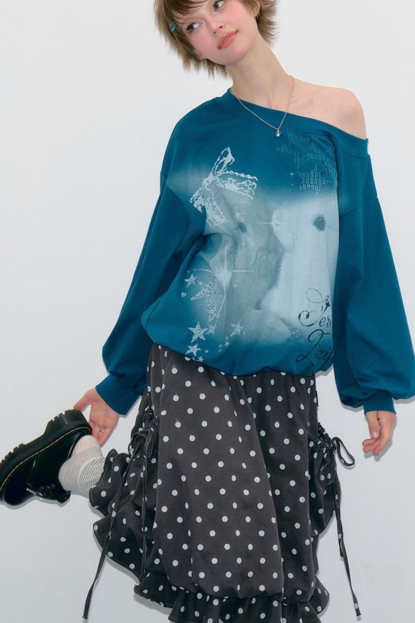 Rabbit Print Lantern Sleeve Off-Shoulder Sweatshirt