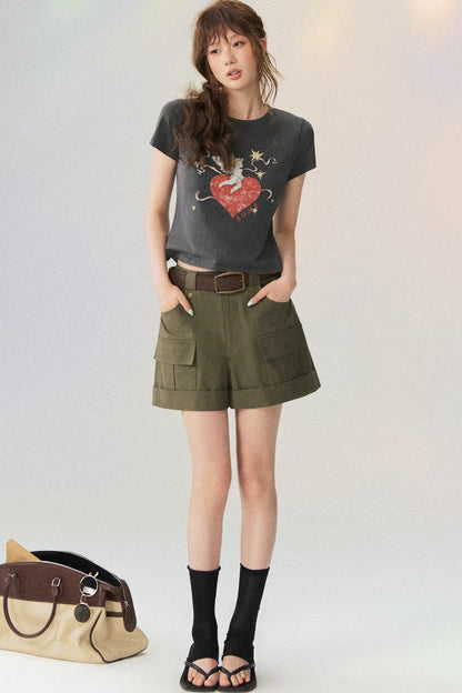 Multi-Pocket Rolled Hem Cargo Shorts
