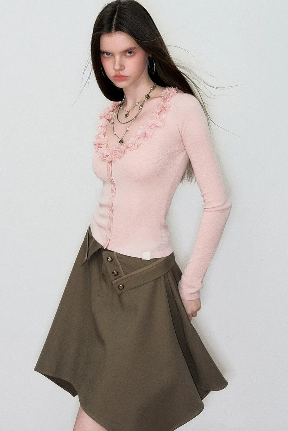 V-Neck Lace Silk Wool Knit Cardigan