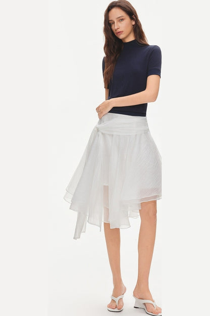 Asymmetrical Tie Waist Sheer Midi Skirt