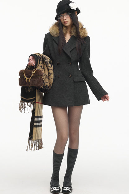 Fur Collar Double-Breasted Wool Coat