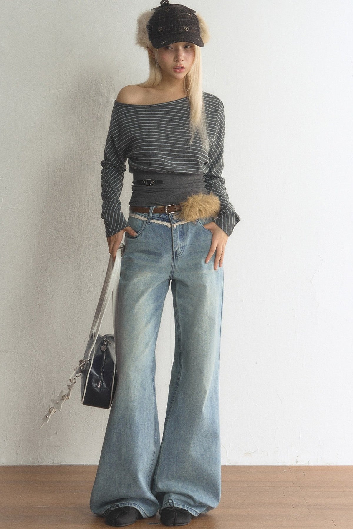 Striped Off-Shoulder Top and Jeans Set-Up