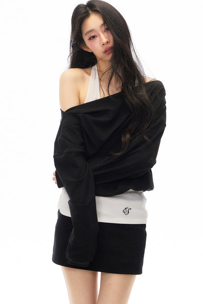 Black Asymmetrical Shoulder Long-Sleeve Top and Skirt Set-Up