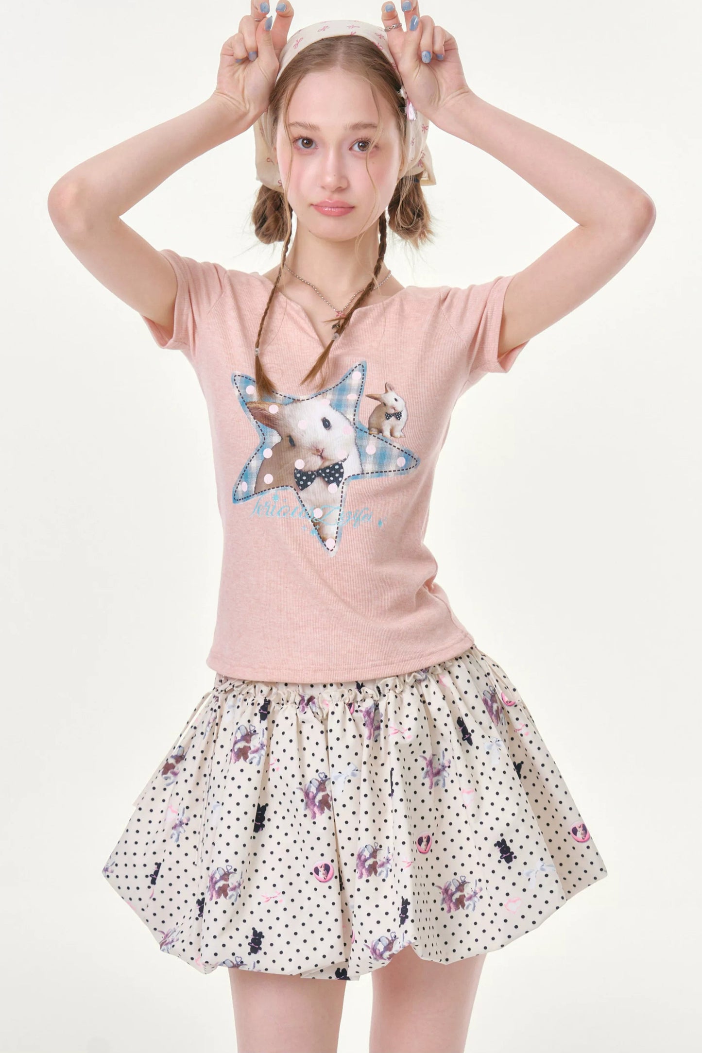 Star Rabbit Pink V-Neck T-Shirt