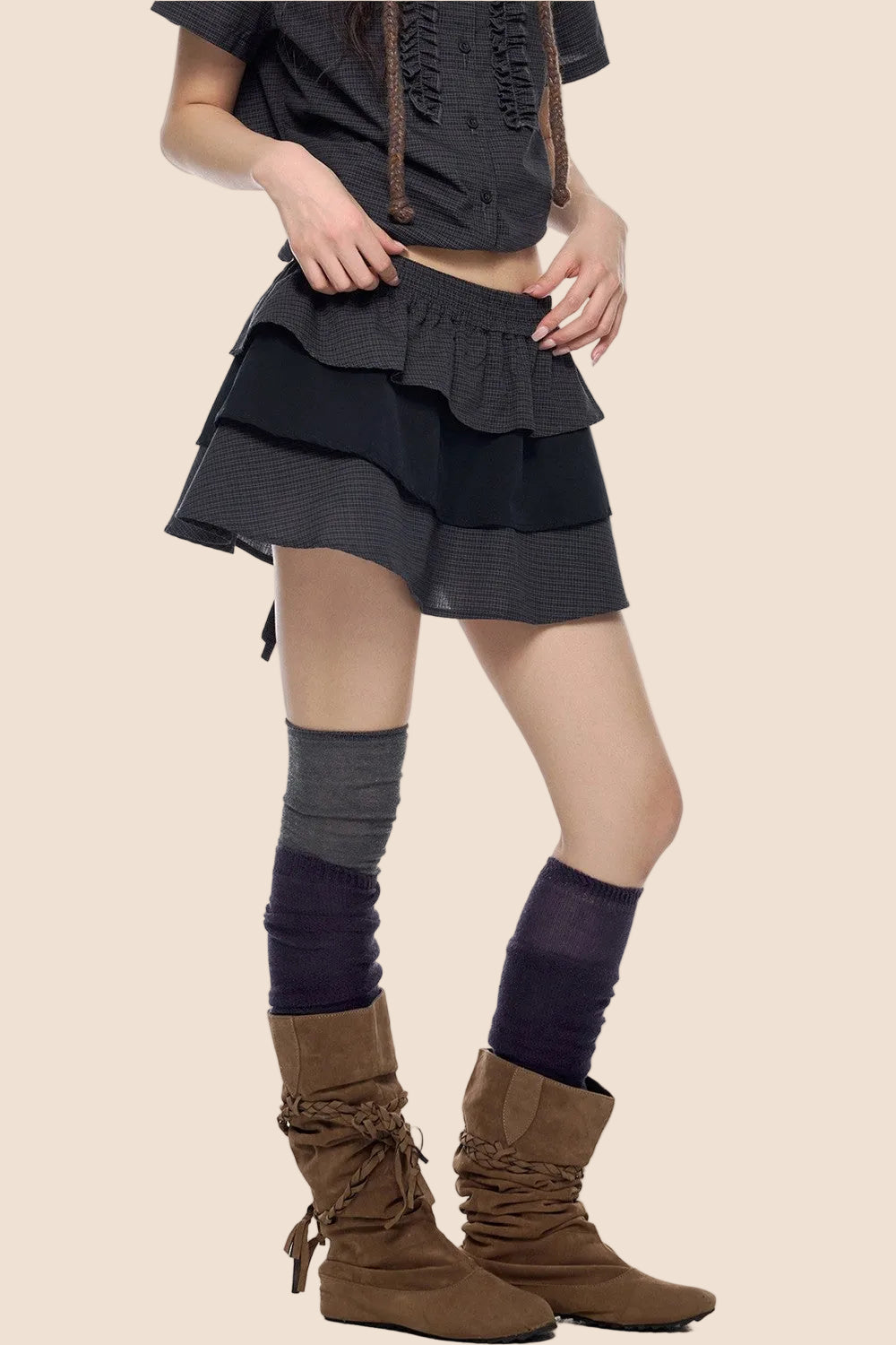 Plaid Pleated Blouse and Cake Skirt Set-Up