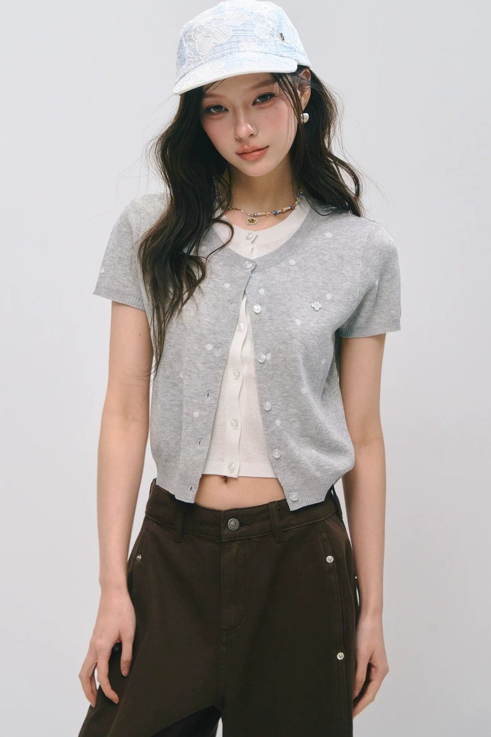 폴카 도트 니트 반소매 탑
