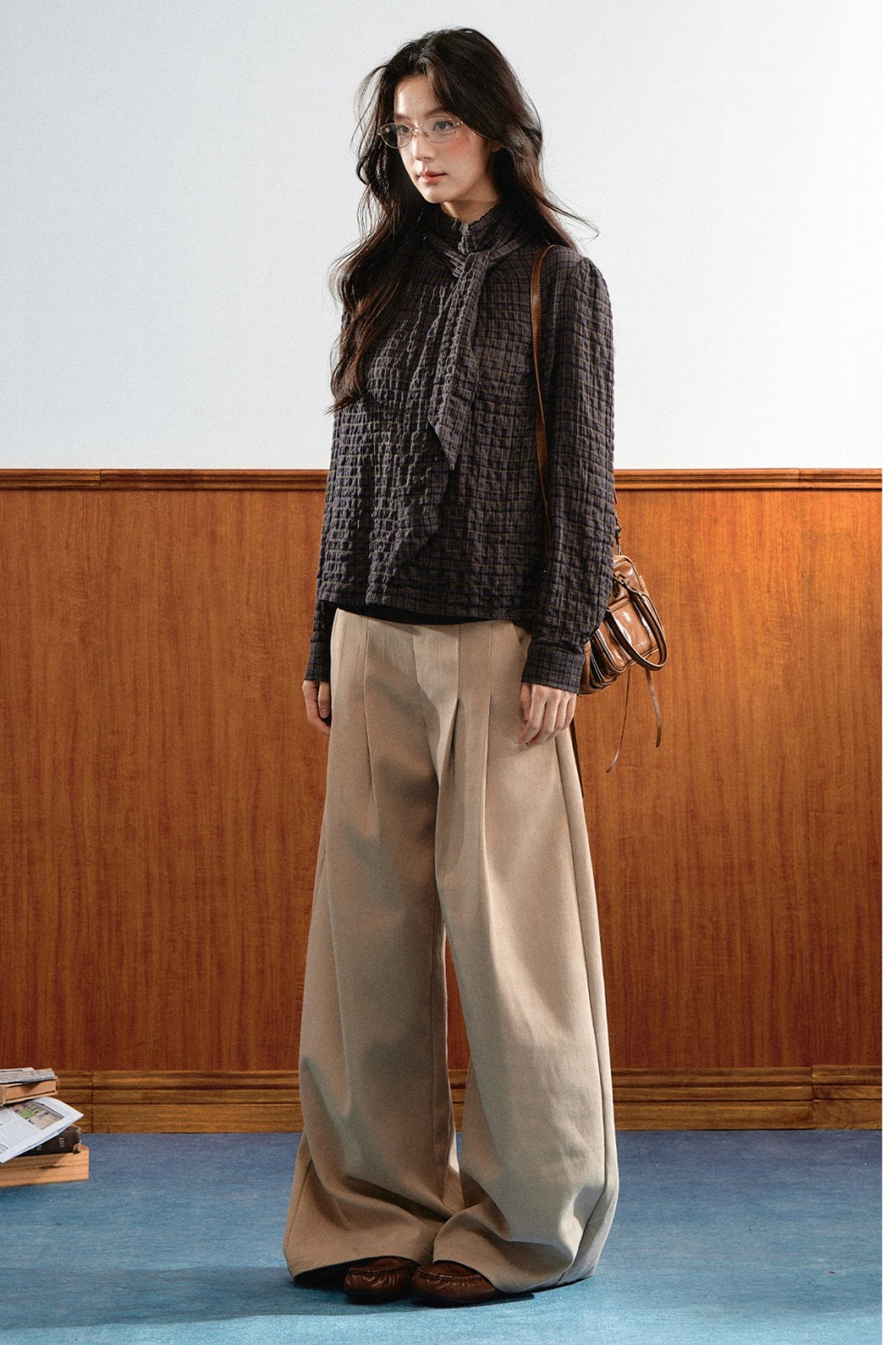 Plaid Cable-Knit Knit Shirt Top